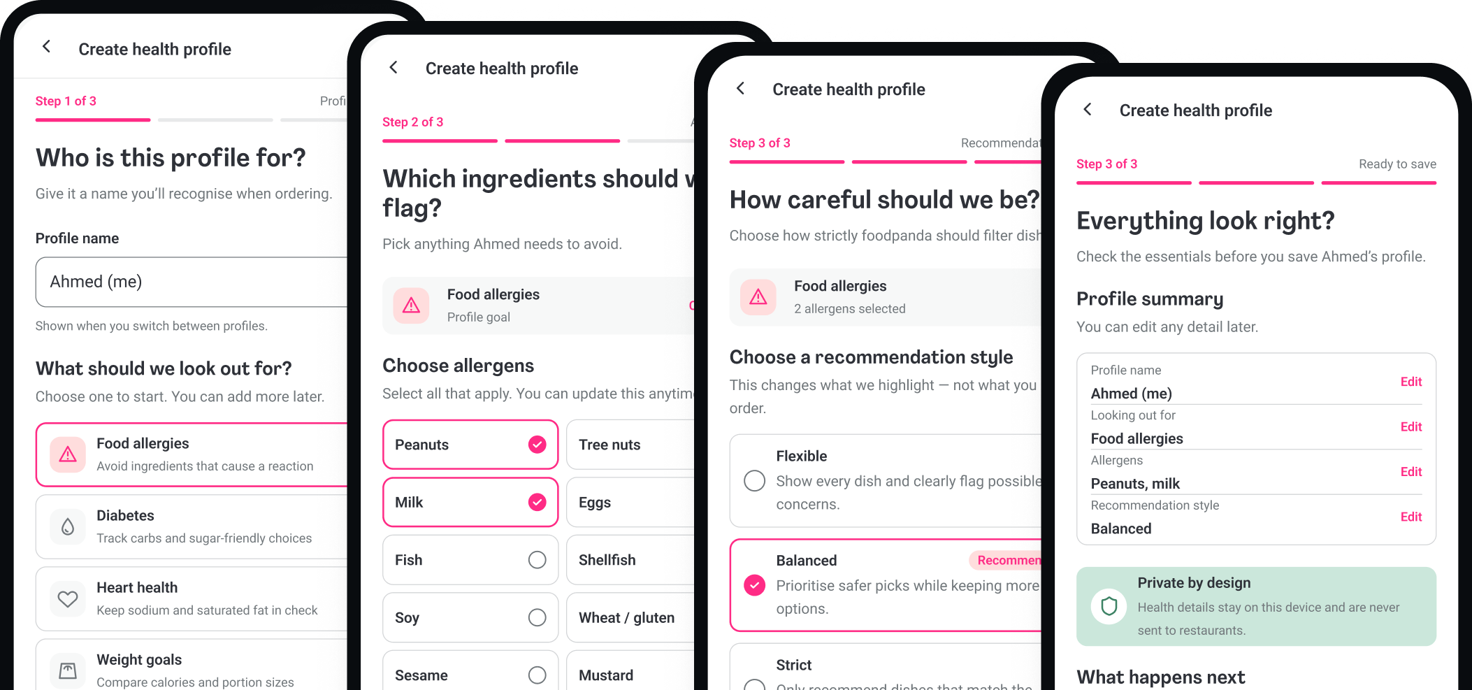 Foodpanda profile creation flow showing profile basics, allergens, recommendation style, and review.
